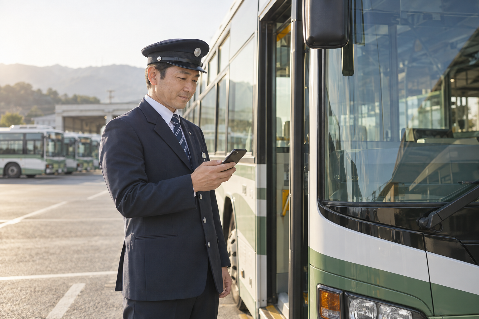 停車中のバスのそばで、乗務前にスマートフォンを確認する乗務員