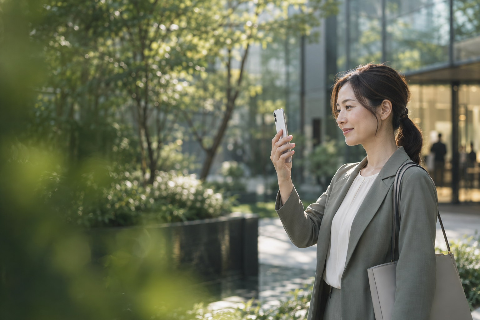 緑のある職場でスマートフォンを見つめる女性