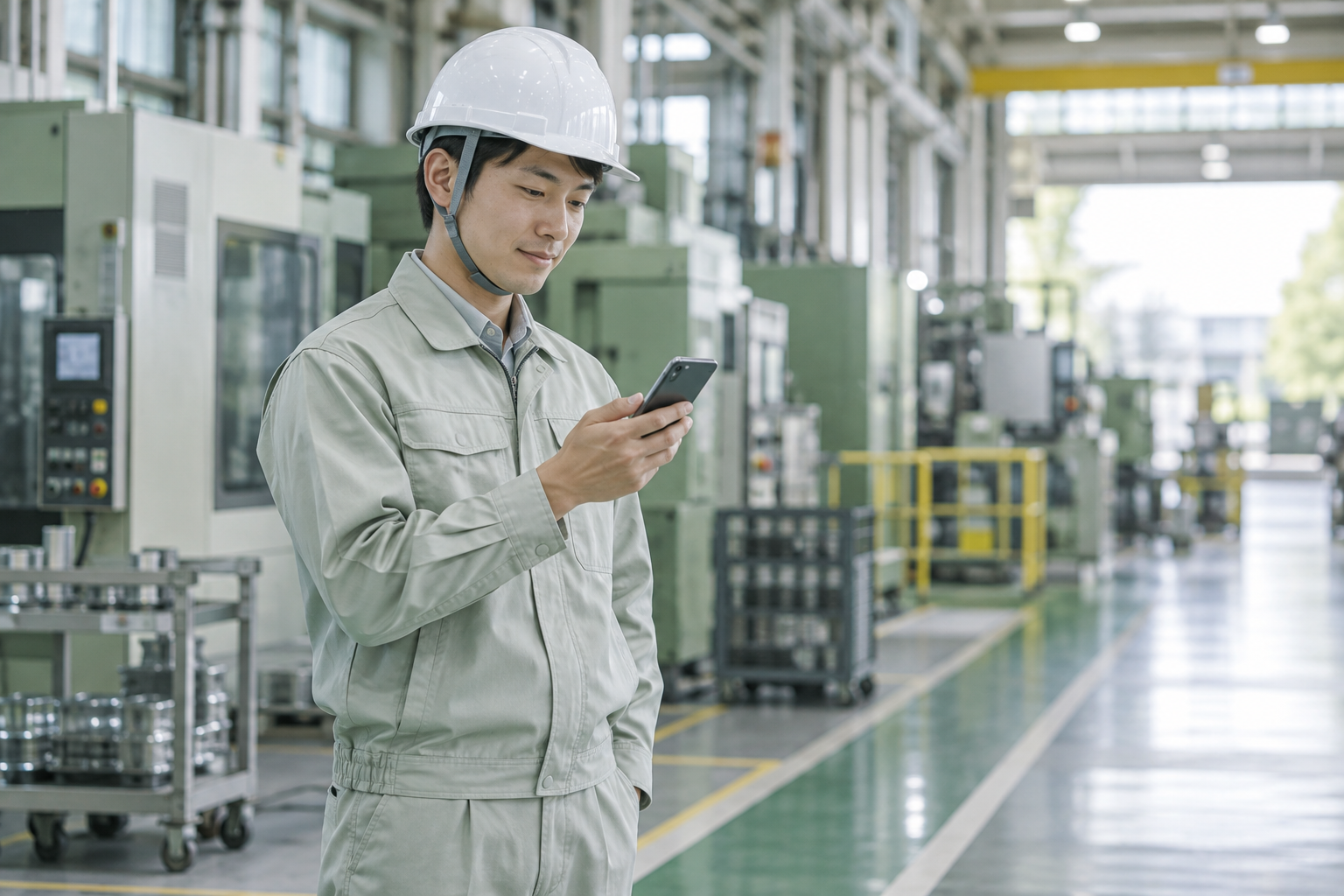 工場の安全な場所で、始業前にスマートフォンを確認する作業員