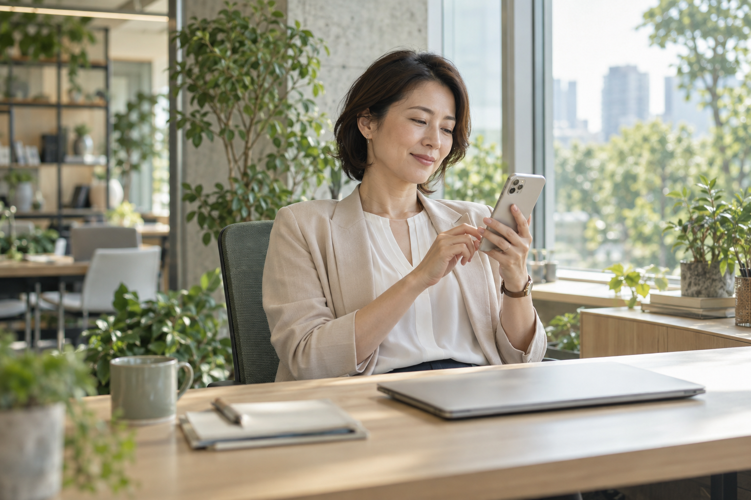 明るいオフィスで、自分のコンディションを振り返る社員